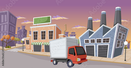 Vector: Factory in the city with small truck parked on the street Factory in the city with small truck parked on the street