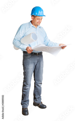 Photo: engineer with blueprints isolated engineer with blueprints isolated