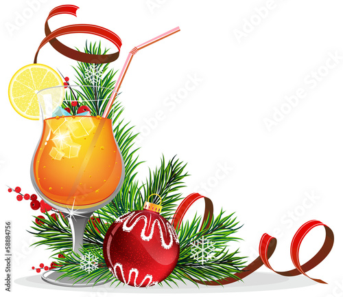 Vector: Orange cocktail, spruce branches and baubles Orange cocktail, spruce branches and baubles
