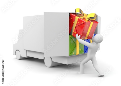 Illustration: 3d person unload car with gift 3d person unload car with gift