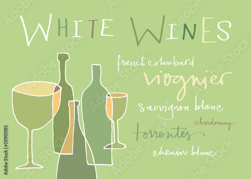 Vector: Hand-written words listing different white wines varieties Hand-written words listing different white wines varieties