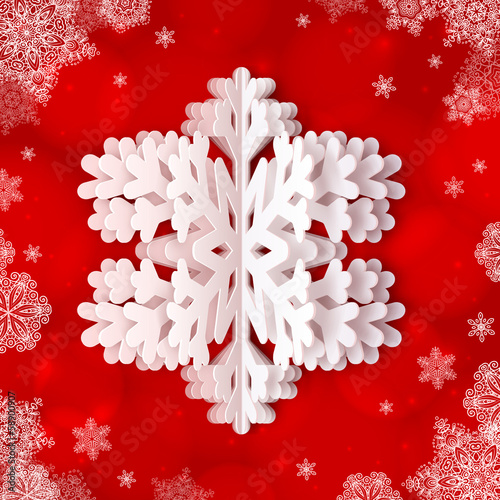 Vector: White paper snowflake on red ornate background White paper snowflake on red ornate background