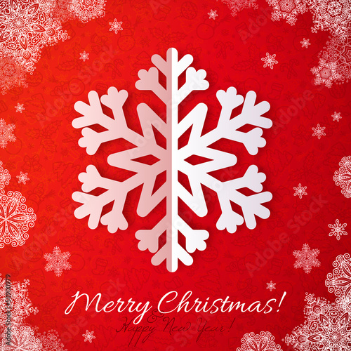 Vector: White paper snowflake on red ornate background White paper snowflake on red ornate background