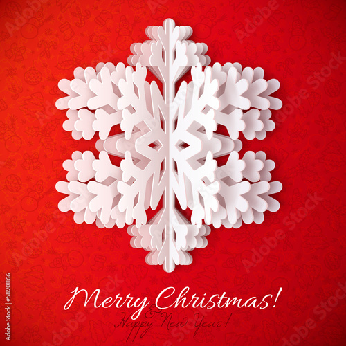 Vector: White paper snowflake on red ornate background White paper snowflake on red ornate background