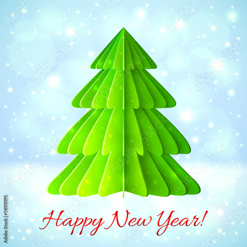 Vector: Green paper Christmas tree on blue background Green paper Christmas tree on blue background