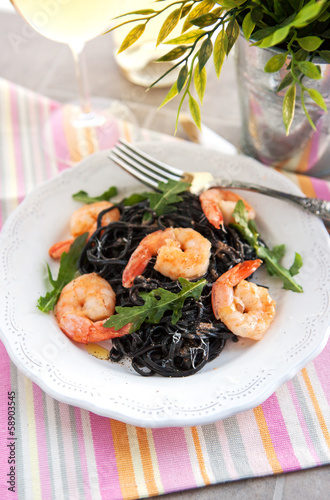 Photo: Black spaghetti with prawns Black spaghetti with prawns