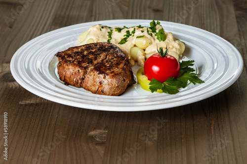 Photo: Beef steak with gnocchi and gorgonzola sauce Beef steak with gnocchi and gorgonzola sauce