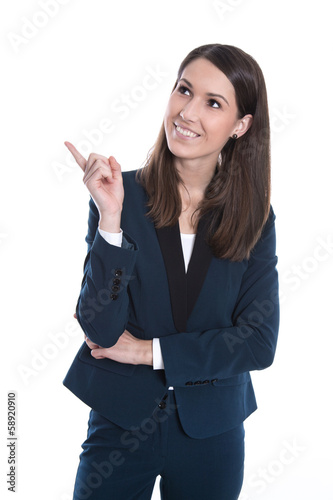 Photo: Frau isoliert im Business-Look zeigt mit dem Finger Frau isoliert im Business-Look zeigt mit dem Finger