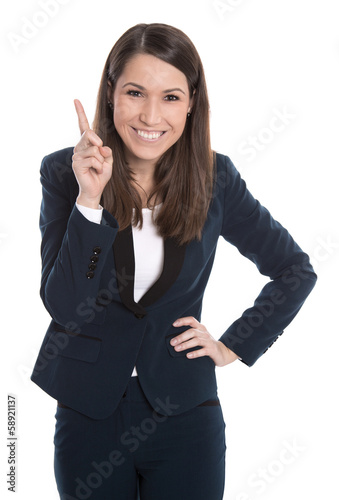 Photo: Lachende Frau isoliert in Blazer und Hose hat eine geniale Idee Lachende Frau isoliert in Blazer und Hose hat eine geniale Idee