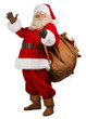 Real Santa Claus carrying big bag full of gifts, isolated on whi