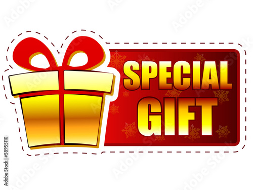Illustration: christmas special gift and present box on red banner with snowfl christmas special gift and present box on red banner with snowfl