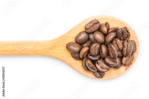 Photo: Wooden Spoon With Coffee Beans On White Background Wooden Spoon With Coffee Beans On White Background