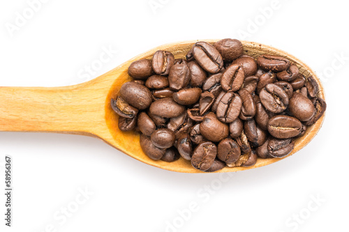 Photo: Wooden Spoon With Coffee Beans On White Background Wooden Spoon With Coffee Beans On White Background