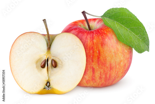 Photo: Red yellow apple with green leaf and half isolated on white Red yellow apple with green leaf and half isolated on white