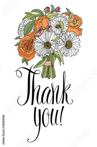 Vector: Thank you card with bouquet. Calligraphy and hand drawing Thank you card with bouquet. Calligraphy and hand drawing
