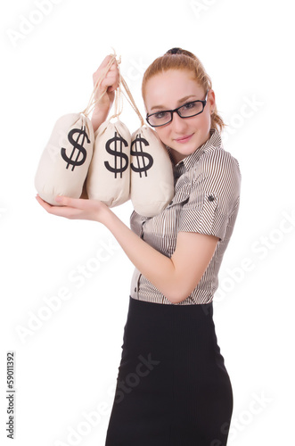 Photo: Young businesswoman with money sacks on white Young businesswoman with money sacks on white