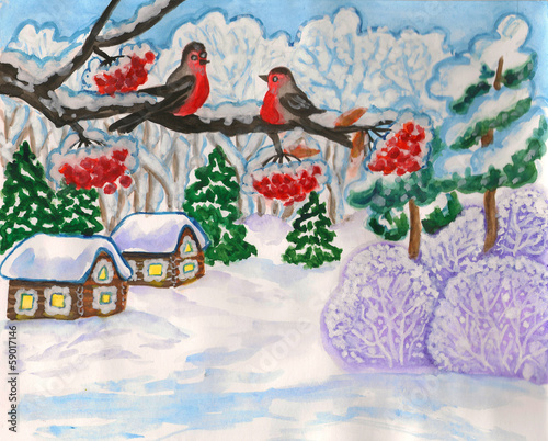 Illustration: Winter two birds on branch Winter two birds on branch