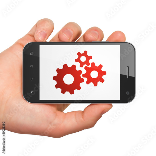 Illustration: Data concept: Gears on smartphone Data concept: Gears on smartphone