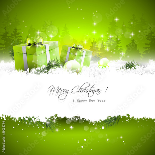 Vector: Christmas greeting card with gift boxes and branches in snow Christmas greeting card with gift boxes and branches in snow