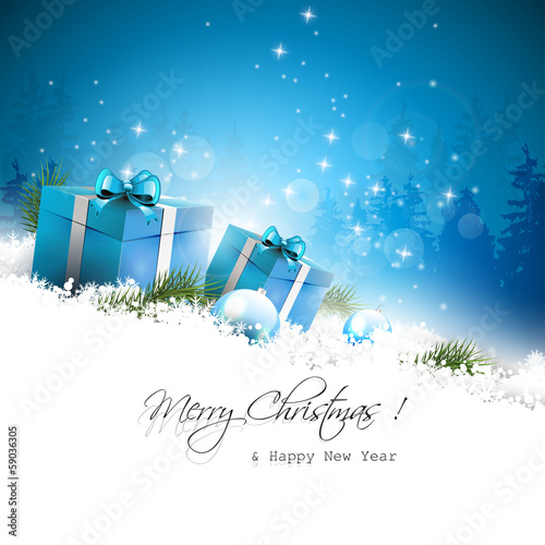 Vector: Christmas greeting card with gift boxes and branches in snow Christmas greeting card with gift boxes and branches in snow