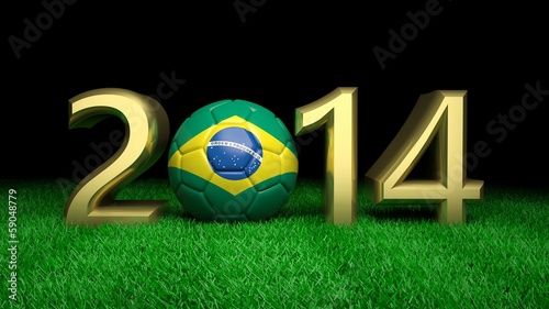 Illustration: Gold 2014 with Brazilian soccer ball on grass Gold 2014 with Brazilian soccer ball on grass