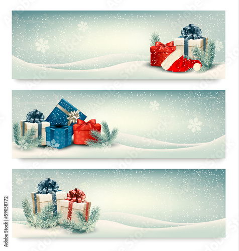 Vector: Christmas winter banners with presents. Vector. Christmas winter banners with presents. Vector.