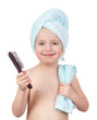 girl in towel with hairbrush girl in towel with hairbrush