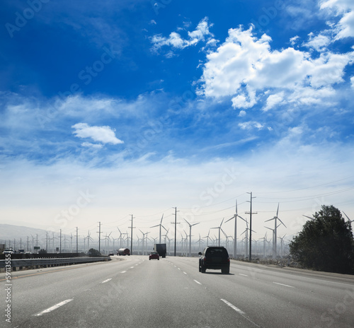 Photo: California road with electric windmills aerogenerators California road with electric windmills aerogenerators