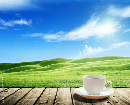 Photo: cup coffee and tuscany hills, Italy cup coffee and tuscany hills, Italy