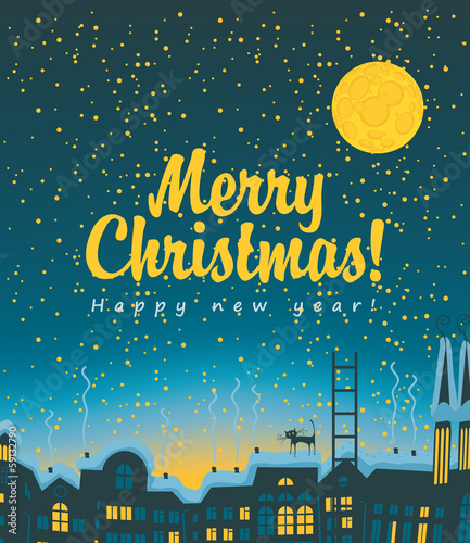 Vector: Christmas card with night city roofs Christmas card with night city roofs