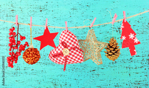 Photo: Christmas decorations on wooden background Christmas decorations on wooden background