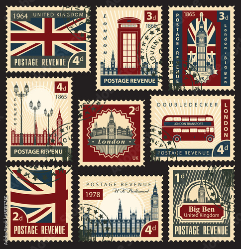 set of stamps with the flag of the UK and London sights