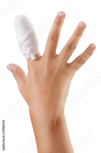 Photo: Hand with a bandaged finger bandage Hand with a bandaged finger bandage