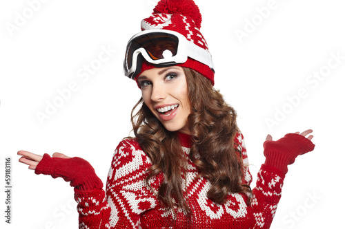 Photo: Portrait of a happy young girl snowboarding Portrait of a happy young girl snowboarding