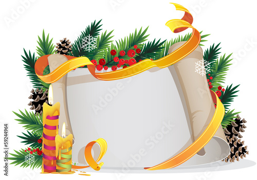 Vector: Christmas wreath with candles and paper scroll Christmas wreath with candles and paper scroll