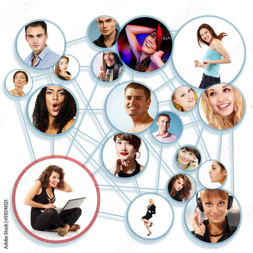 Photo: Happy young woman with her social network friends and business p Happy young woman with her social network friends and business p