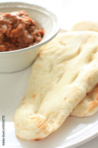 Photo: India cuisine, naan bread and keema curry India cuisine, naan bread and keema curry