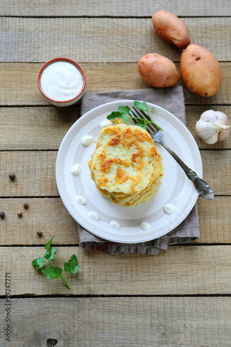 Photo: potato pancakes on a plate, top view potato pancakes on a plate, top view