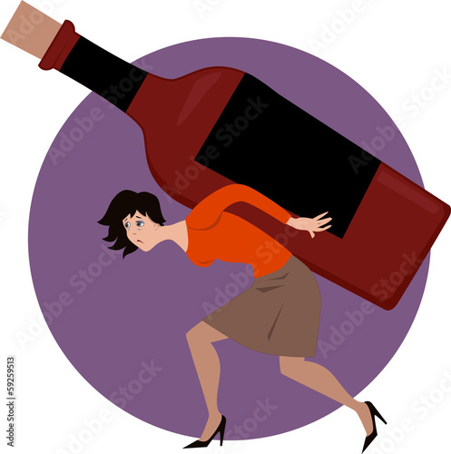 Vector: Alcoholic woman carrying a bottle of liquer Alcoholic woman carrying a bottle of liquer