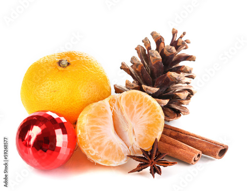 Photo: Christmas composition with tangerines isolated white Christmas composition with tangerines isolated white