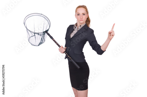 Photo: Young woman with catching net on white Young woman with catching net on white
