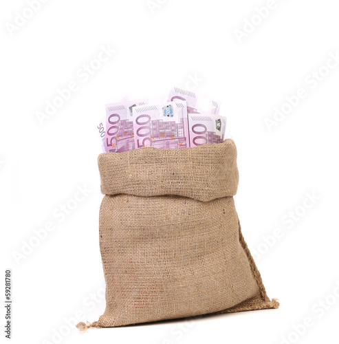 Photo: Bag full with of euro bills. Bag full with of euro bills.