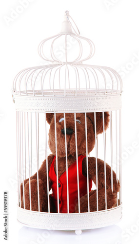 Photo: Toy bear in decorative cage, isolated on white Toy bear in decorative cage, isolated on white