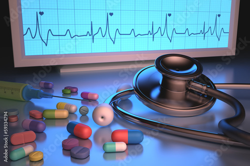 Illustration: Stethoscope drugs. Clipping path included. Stethoscope drugs. Clipping path included.