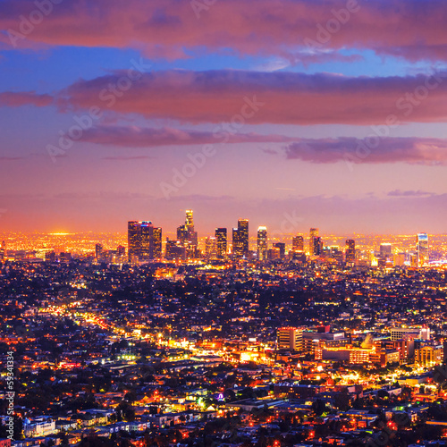 Photo: Los Angeles city skyline sunset night Los Angeles city skyline sunset night