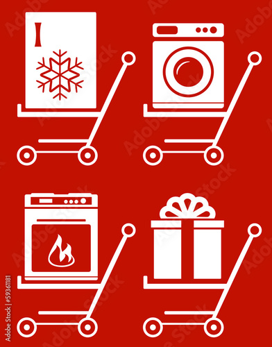 Vector: set shopping cart with home appliance on red background set shopping cart with home appliance on red background