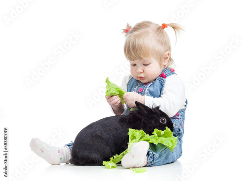 Photo: kid feeding a rabbit with lettuce kid feeding a rabbit with lettuce