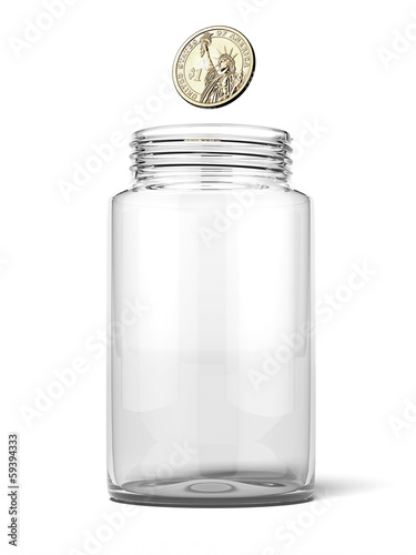 Illustration: Dollar dropping into an empty jar Dollar dropping into an empty jar
