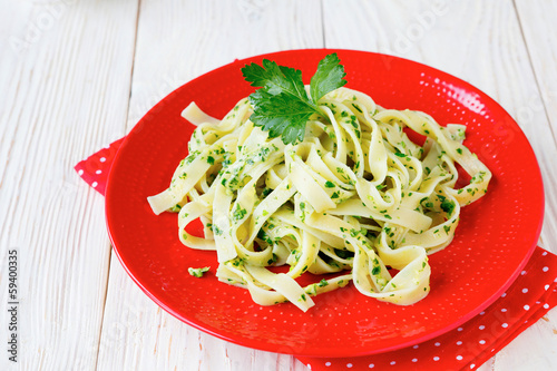 Photo: tagliatelle pasta with pesto tagliatelle pasta with pesto