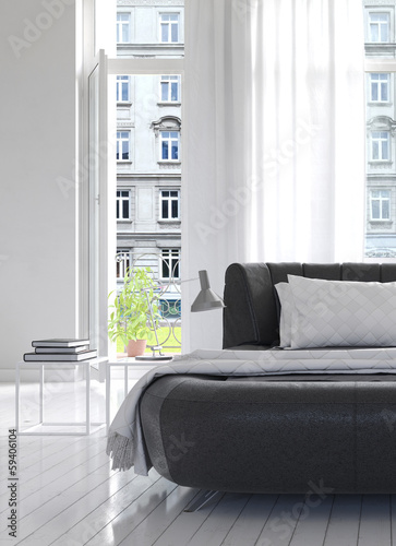 Illustration: Light Bedroom Interior with black king-size bed Light Bedroom Interior with black king-size bed